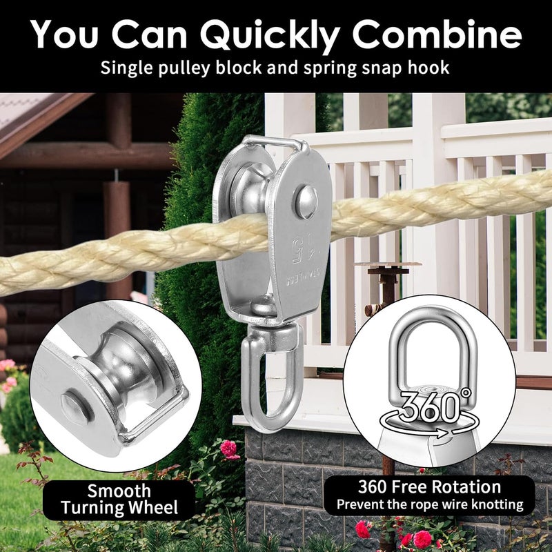 AojSup 12 Pack M15 Pulleys for Rope, 304 Stainless Steel Wire Rope Cable Pulley, Heavy Duty Swivel Pulley Wheel Hanging Wire Towing Wheel for Lifting - Image 3